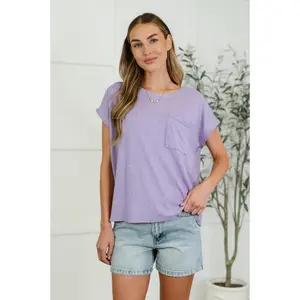 Heathered Harmony Basic Tee in Lavender - Lightweight Brushed Knit Dolman Sleeve Top with Banded Neckline & Functional Pockets