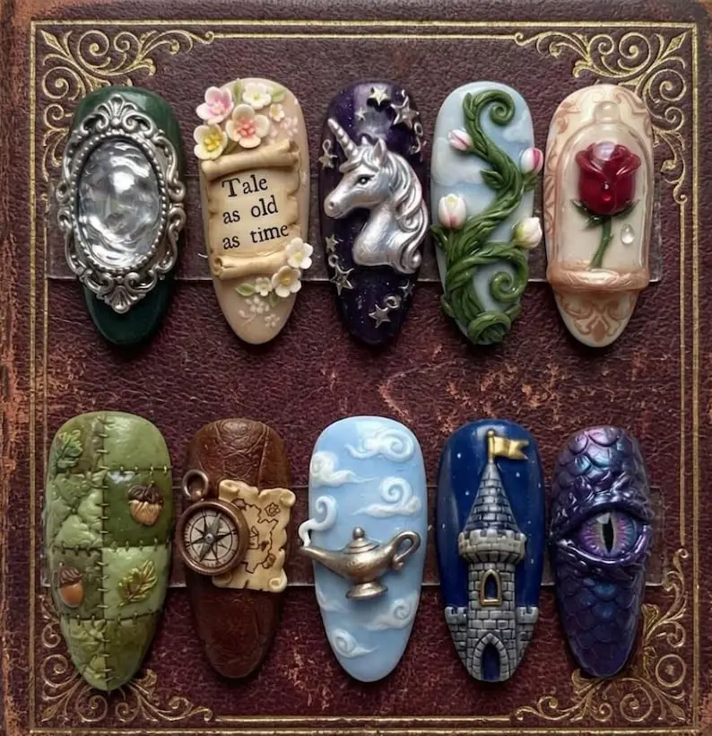 Fantasy Press On Nails | Fairytale Storybook Nails | 3D Unicorn & Dragon Eye | Enchanted Rose Castle | Handmade Almond Fake Nails | Reusable Glue On Nails