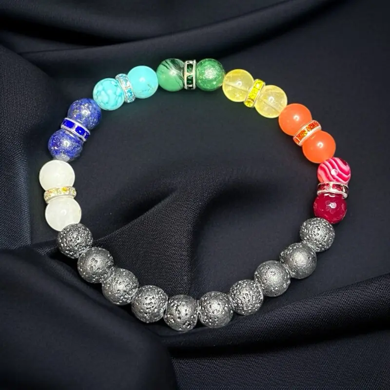 Chakra Stretchy Bracelet Moonstone, Lapis Lazuli, Turquoise, Green Emerald. Citrine, Orange Jade, Red Banded Agate, Lava Stone 8 mm Beaded with Multicolored CZ Spacers