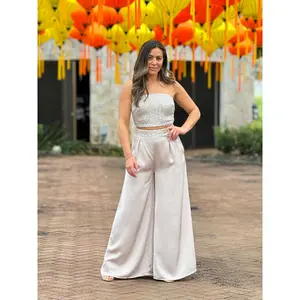 "Krystal" Satin Sequins Details Tube Top And Pants Set