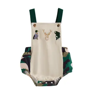 Newborn Baby Boy Farm Outfit Mallard Duck Deer Embroidery Romper Camouflage Sleeveless Square Neck Suspender Overall Hunting Summer Clothes #Springtok