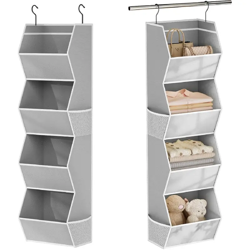 Hanging Closet Organizer 4 Shelf Collapsible Bedroom Closet Organizers and Storage Hanging with Mesh Pockets for Clothes, Fabric Hanging Storage Bins for Wardrobe Closet Organization and Storage, Grey