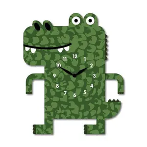 "Croco" -Playful Crocodile Shaped Pendulum Wall Clock, Cartoon Style, MDF, 10.2'x12'x1.8', Color Box