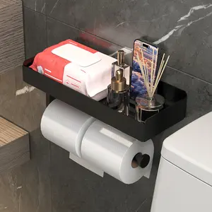 1pc Wall-Mounted Toilet Paper Holder with Shelf, No Drill Design for Easy Installation, Space-Saving Bathroom Storage Solution, Bathroom Organizer, Bathroom Decor Supplies