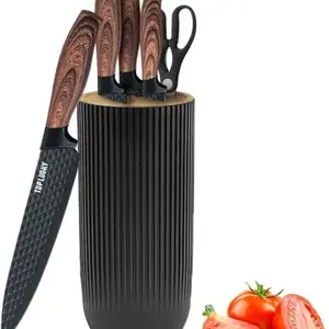 3CR13 6 Piece Kitchen Knife Set with Ergonomic Wood Handle, Non-Stick Steel, Sharp Meat Knives, Block Storage, Star Texture Blade Design Stylish Multicolor