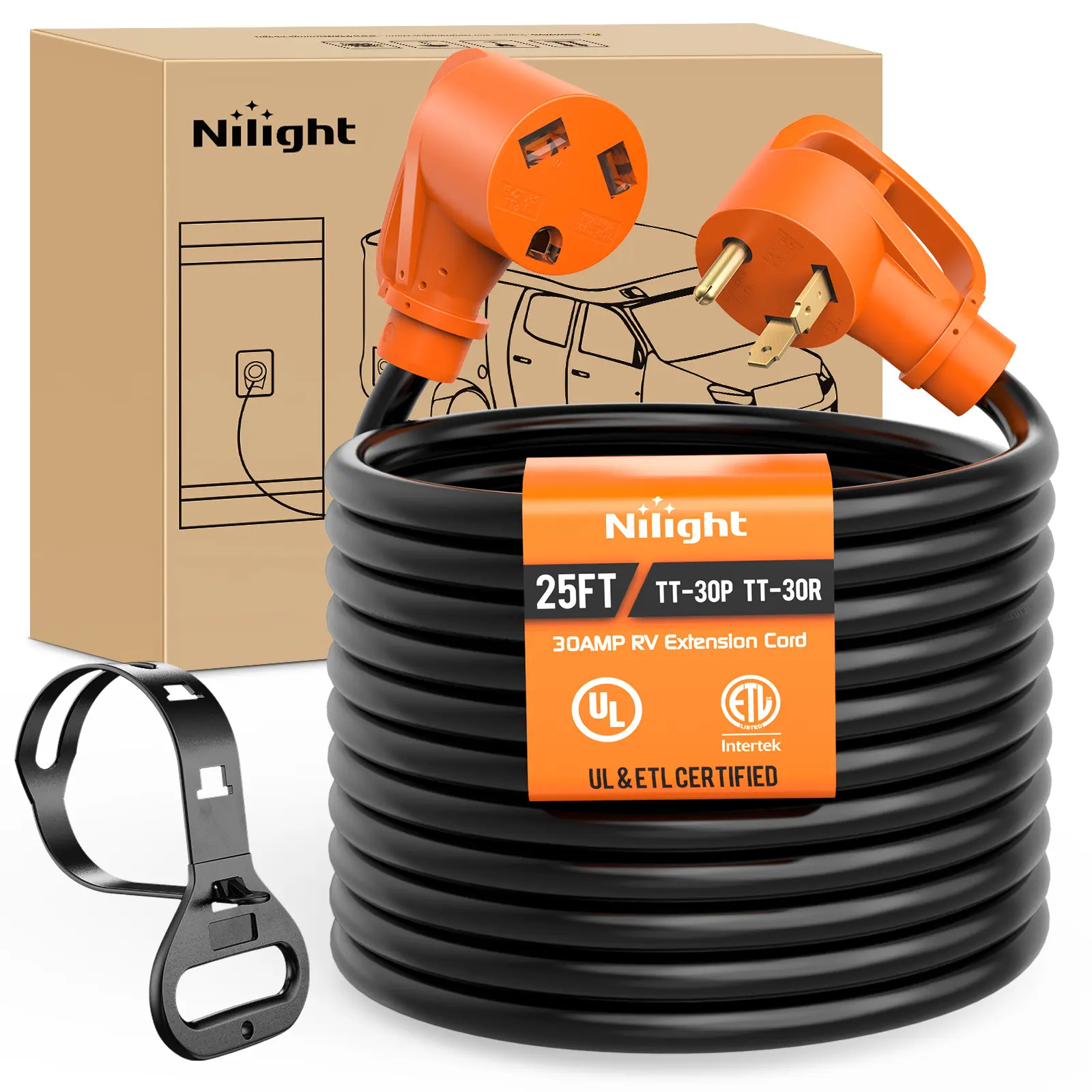 Nilight 30 Amp 25FT RV Extension Cord 125V Heavy Duty 10 Gauge Pure Copper STW Wire UL ETL Listed 3 Prong TT-30P TT-30R 30F/30M Weatherproof Suit for Camper Caravan Trailer