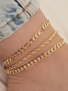 3pcs Set Multi Layered Chain Anklets, Unique Design, Street Style, Suitable for Women, Everyday Wear, Fashion Accessory