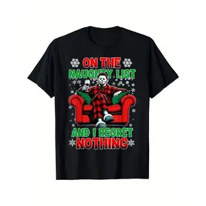 Men's Horror Christmas T-Shirt Funny Naughty List Saying with Red Armchair Design Heavyweight 100% Cotton Halloween Thanksgiving Xmas Party Outfit Adult Graphic Tee Gift for Men Women XXXL Black Shirt with Green & Red Text Machine Washable