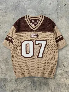 Spring Summer Sports Campus Style Retro Patchwork Jersey, Breathable Knit Mesh Short Sleeve, Comfortable Fashion Top for Daily Wear