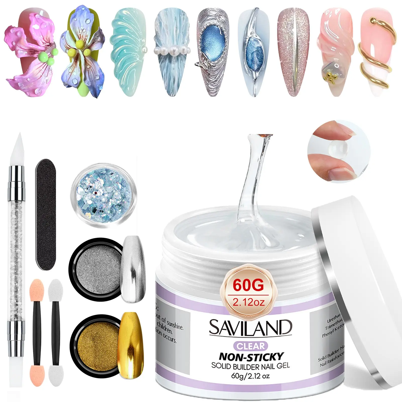 SAVILAND Solid Builder Nail Gel 60g 2.02oz Non Sticky Glitter Gel 3D Nail Gels Shimmer Manicure Sculpting Gel for Hand Carving Glue Extension with Sequins Chrome Powder DIY Crazy Nail Art Home