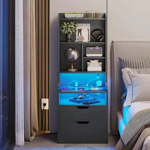Tall Nightstand With Charging Station And LED Lights, Night Stand With Bookshelf, Bedside Table With Drawers, Black/White/Gray
