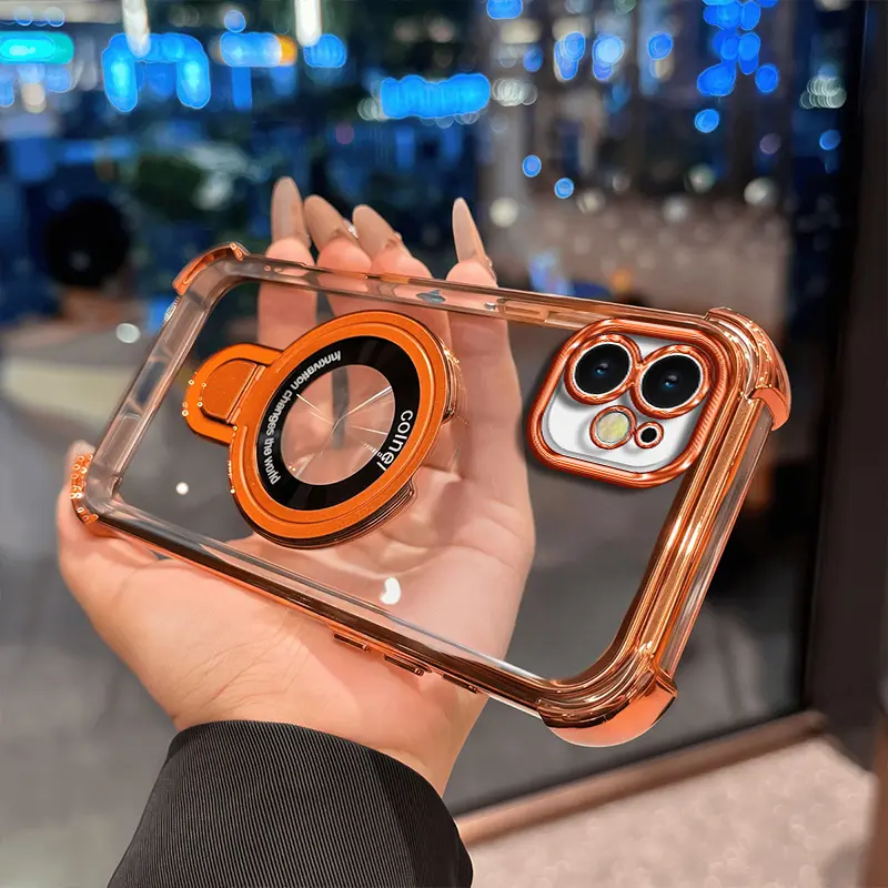 Suitable for [iPhone 11] high-end phone case🥰,Electroplated Luxury Magnetic Clear Stand Four Corner Anti-Fall Case Compatible with MagSafe Shockproof Transparent Phone Cover summerwins 952