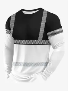 Plus Size Men's Casual Long Sleeve T-Shirt with 3D Geometric Print, and Block Design, Regular Fit for All Seasons
