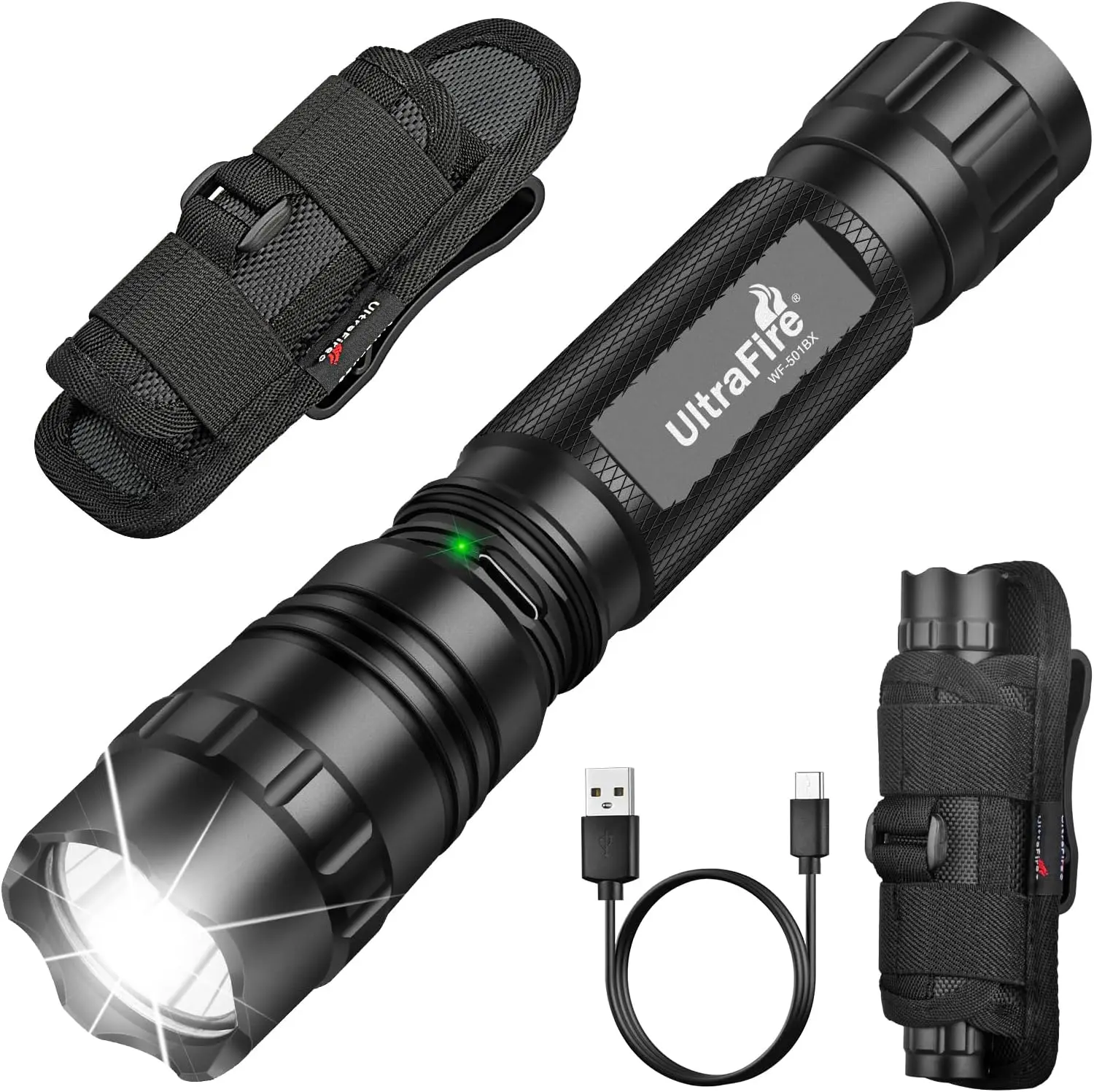 UltraFire WF-501BX Tactical Flashlight, Heavy-Duty 1000 Lumens LED Light for Law Enforcement, USB-C Rechargeable Aluminum Body with 3 Modes and Duty Holster for Emergency Use, Led Lights, Charging Cable
