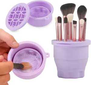 Makeup Brushes Cleaner Mat with Brush Storage Holder, Folding Portable Washing Tool for Makeup Brush Cleaning, Purple Silicone Organizer Rack