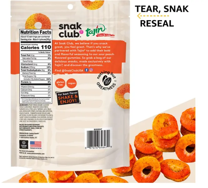 Snak Club Peach Rings, Tajin Chili & Lime Seasoned, Sweet and Spicy Gummy Candy, Mild in Heat Bold in Flavor, Low-Fat, Vegan, Gluten-Free Snack, Family Size, 11 Ounce
