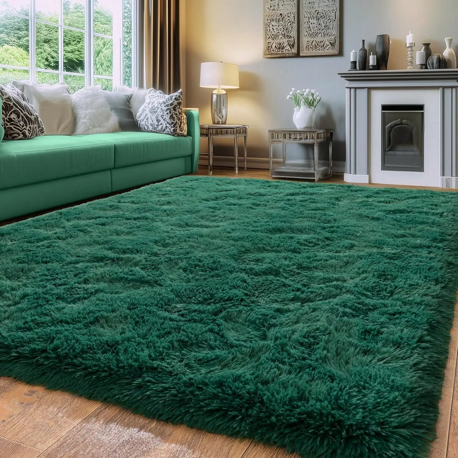 Soft Shag Rugs For Bedroom, Dark Green Fluffy Shaggy Rugs For Living Room Nursery, Luxury Modern Plush Carpet Girls Boys Kids Room Dorm Indoor Home Decor, Upgrade Non-Slip