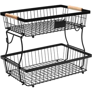 Fruit Basket Bowl 2 Tier Detachable with 2 Banana Hangers, Fruit Stand Holder for Kitchen Countertop, Metal Wire Vegetable Storage Organizer, for Bread Snack Veggies Produce, Black