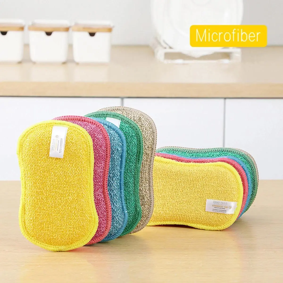 5Pcs Double-Sided Kitchen Sponges, Non-Scratch Microfiber Multi-Purpose Household Washing Rags for Dishes