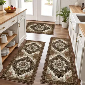 3-Piece Soft Non-Slip Bohemian Kitchen Rug Set, Washable Floor Mats, Low Height Kitchen Area Rugs, Ideal for Kitchen Laundry Room Hallway Decor