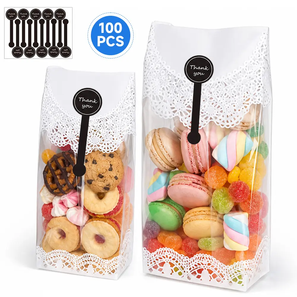 100 piece Translucent Plastic Bags Self Stand Holder Cookie Biscuit Bag Plastic Cookie Candy Wrapping Bags for Treats, Muffins, Candy, Mini Loaf