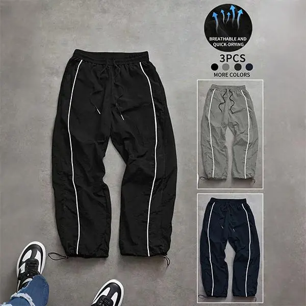 Men's 3-Pack Quick Dry Breathable Drawstring Waist Oversized Sweatpants - Flexible Polyester Clothes, Sporty Chic Universal Loose Wide Leg Long Pants for Running, Casual Wear, Oversized Sweatpants Men's Pants, Loose-Fit, Multi-Sports, Drawstring Track Men