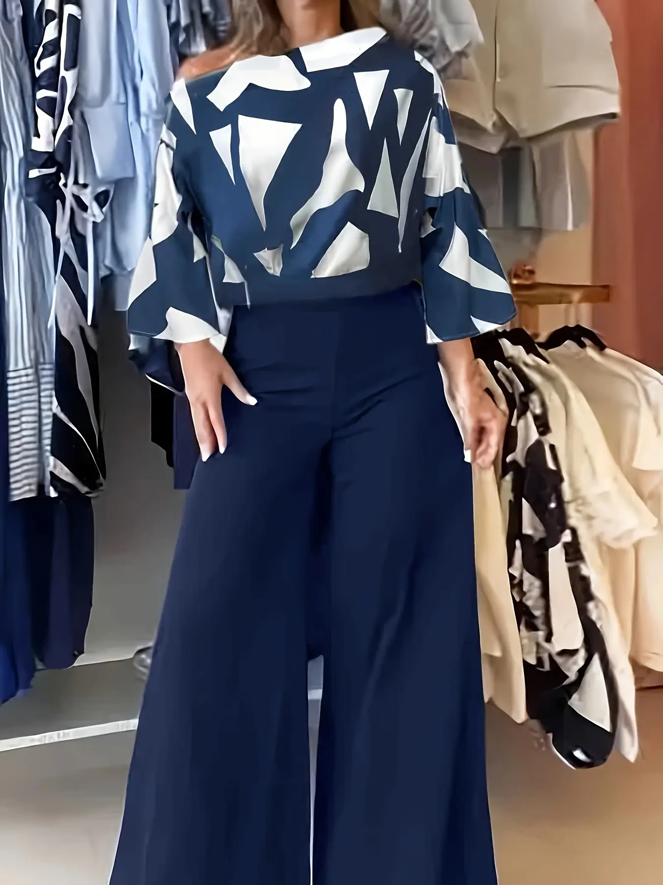 Women's Two-Piece Set, Summer Clothing Set New Elegant Chic Fashion Commuter Versatile Fitted One-Shoulder Blouse Top & Long Pants, Ladies' Stylish Printed Suits Womenswear