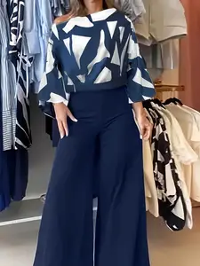Women's Two-Piece Set, Summer Clothing Set New Elegant Chic Fashion Commuter Versatile Fitted One-Shoulder Blouse Top & Long Pants, Ladies' Stylish Printed Suits Womenswear