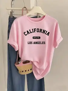 Women's Crew Neck Short Sleeve Tee Lady California Los Angeles EST 1776 Vintage Collegiate Text Print Multiple Colors Available Oversized Flattering Fit Soft Breathable Cotton Blend Washable No Shrink No Fade All-Season Versatile Casual Summer Tee