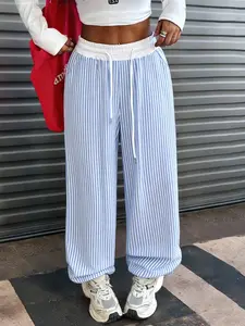 Women's Casual Long Pants, Light Blue Striped, Loose Fit, Drawstring Waist, Soft Breathable Fabric, Street Style, All Seasons