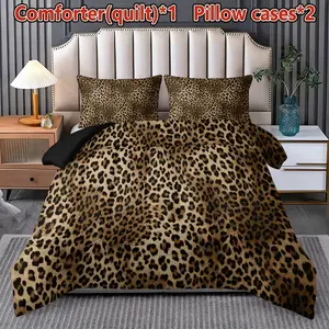 3-Piece Bedding Set Leopard Print Quilt Combo (1 Quilt + 2 Pillowcases), Soft Breathable Polyester Fabric, Ideal for Bedroom Dorm Home Use