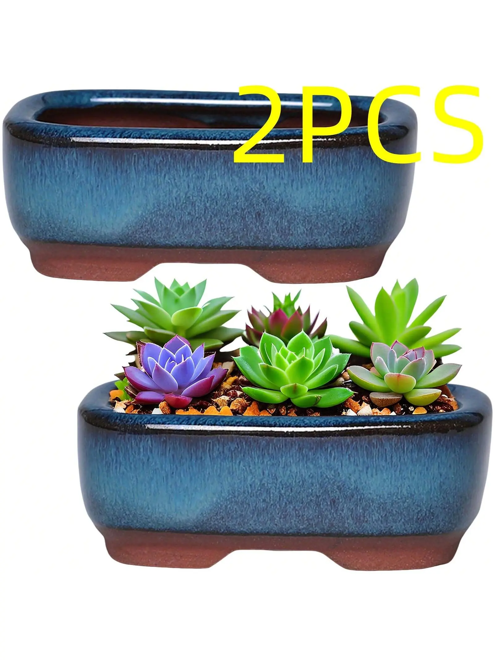 2PCS Ceramic Long Rectangle Succulent Planters - Decorative Garden Pots, Outdoor Planting Containers with Drainage Holes for Indoor Use, Planting Pots Outdoor