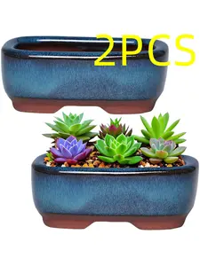 2PCS Long Rectangle Succulent Planters Pots Ceramic Indoor Plant Pot with Drainage Hole, Decorative Flower Planter Mini Flower Plant Containers