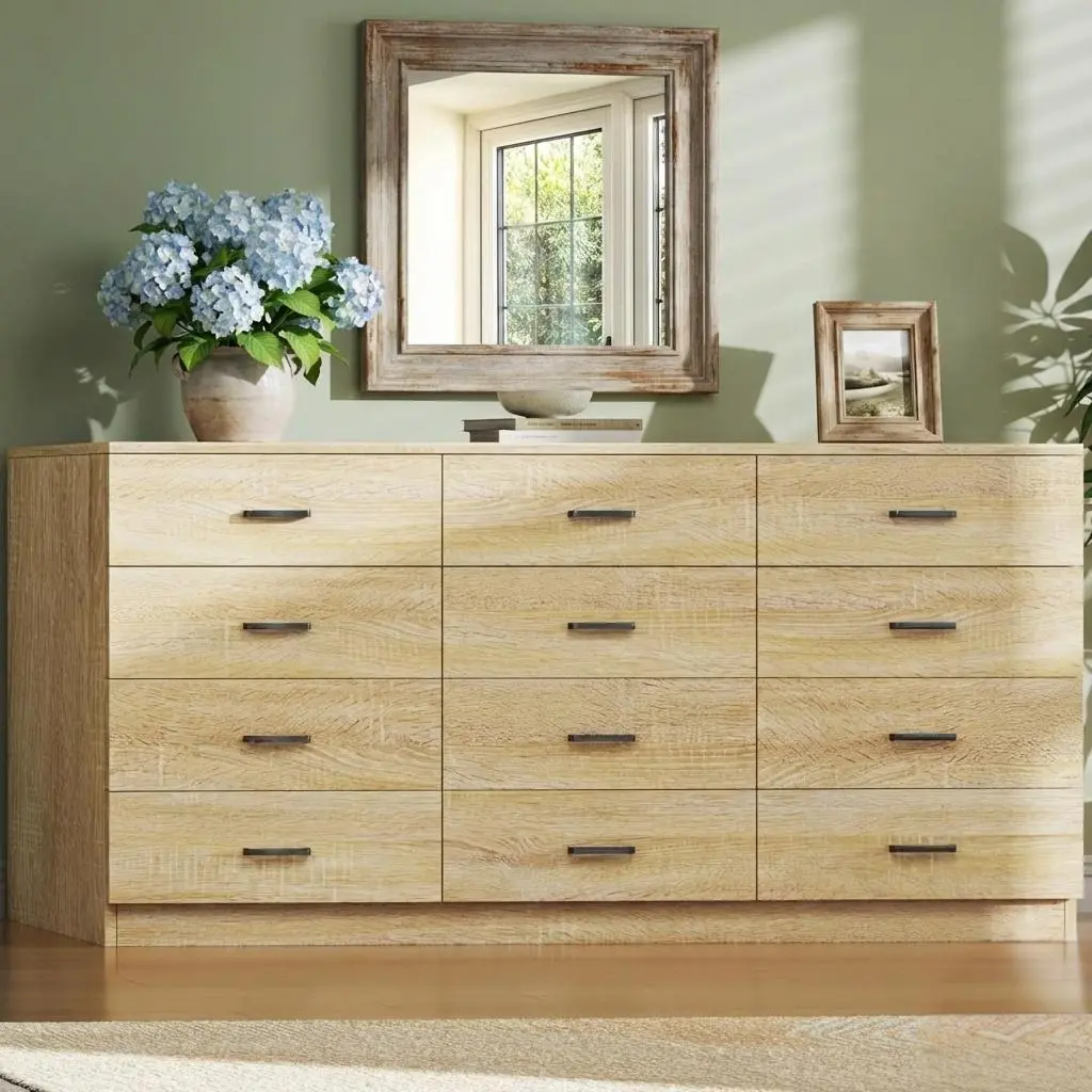 Mid-Century Modern 60-in Wide Practical Dresser - 12 Smooth-Gliding Drawers Wood Cabinet, Tall Storage Organizer for Bedroom, Closet
