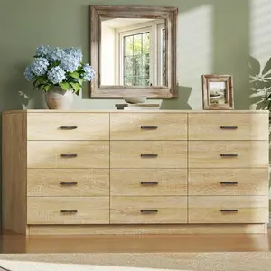 Bedroom Dresser 60 Inch Wide, 12 Drawer Wood Storage Organizer, Mid Century Modern Chest of Drawers TV Stand for Closet Entryway