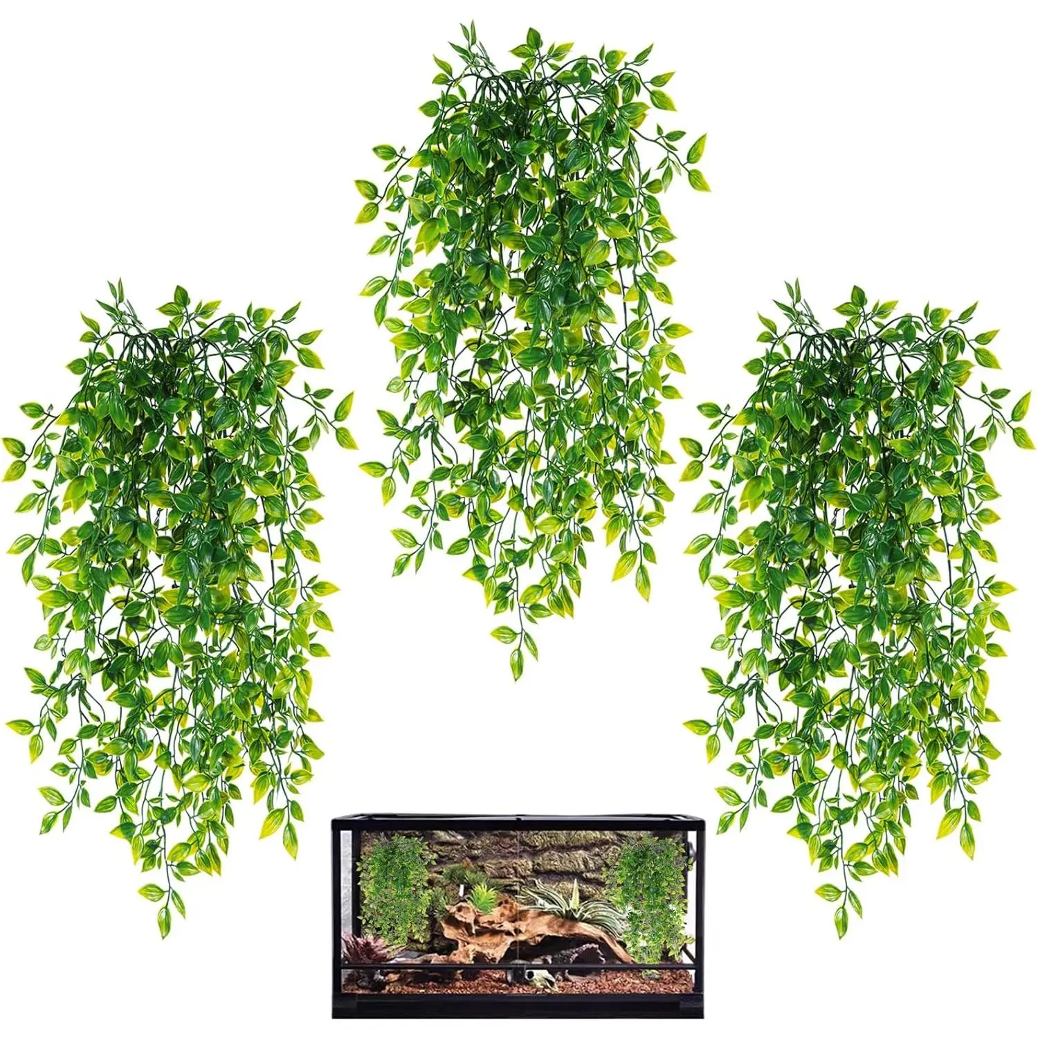 Reptile , 3 Pack Terrarium   Vines Artificial Leaves Habitat Decorations with Suction Cup for Bearded Dragon Hermit Crab Lizard Snake Geckos Chameleon