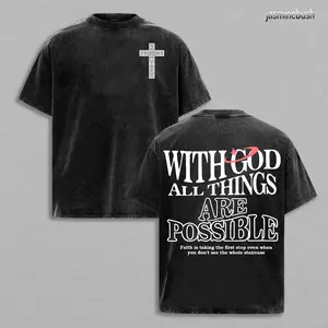 With God All Things Are Possible Christian Cross Graphic Vintage Washed Tee, Unisex Oversized Heavyweight Cotton Faith Streetwear T-shirt, Bible Verse Religious Shirt