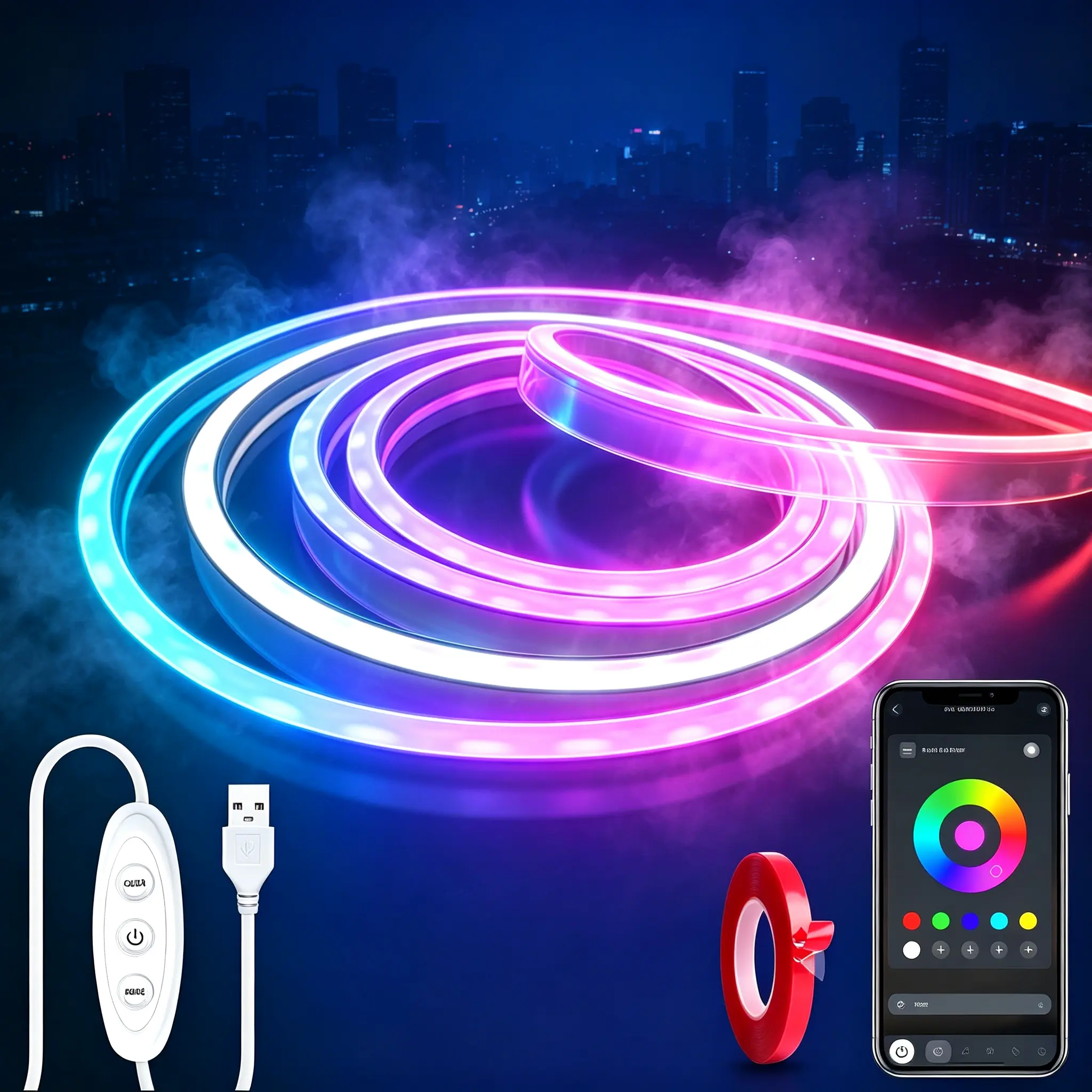RGB Smart IC 5V USB Neon LED Strip Lights, 16.4Ft/5M Flexible Multicolor IP67 Waterproof Tape Lights for TV, Bedroom, Indoor Outdoor Home Decor