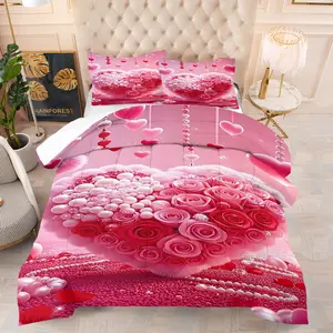 Luxury Heart, Rose Quilt/Comforter Set (2/3 Pcs): Includes 1 Quilt + 1/2 Pillowcases (No Filler), Combines Pink Hearts, Diamond Jewelry, Rose Flowers, Plush Elements, for Wedding Room Decor, Girls' Bedrooms, Valentine's Day , Luxury Boudoir Decoration.