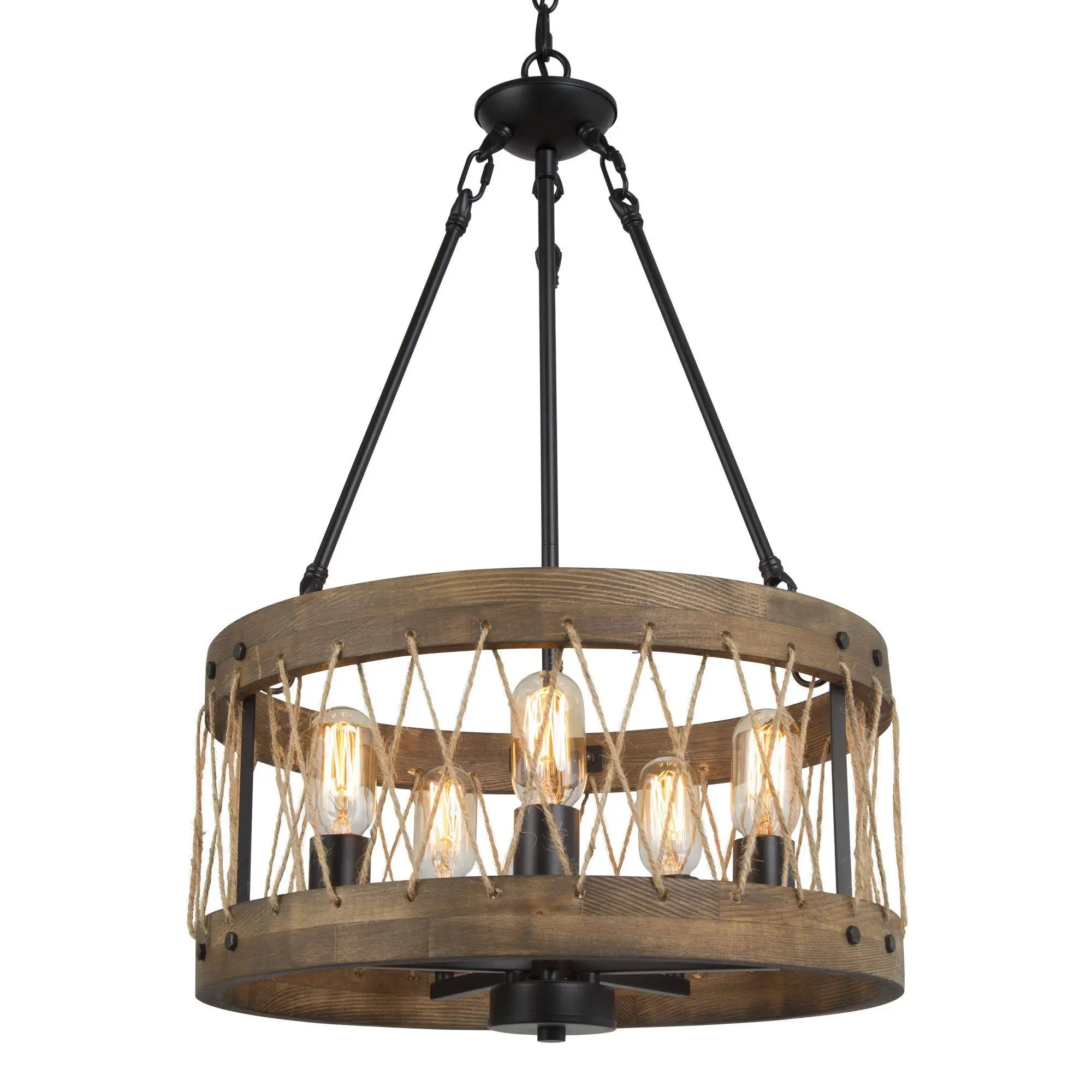 Ksana 5-Light Farmhouse Wood Drum Pendant Chandelier Light Fixtures for Dining Room, Entryway, Foyer