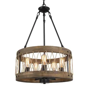 Ksana 5-Light Farmhouse Wood Drum Pendant Chandelier Light Fixtures for Dining Room, Entryway, Foyer