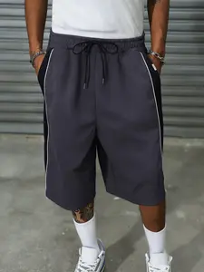1-Piece Men's Side Stripe Wide Leg Cropped Sweatpants, Dark Gray Black Color Block Elastic Waist Casual Pants For Daily Streetwear And Lounge Wear
