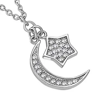 925 Sterling Silver CZ Islamic Muslim Necklace with Crescent Moon and Star Design