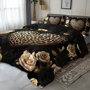 2/3pcs Leopard Heart Rose Quilt Set, High-Definition Print, Luxury Vintage Romantic Style, Home & Dorm Bedding, Decorative Bedding Set, No Pillow Inserts Included