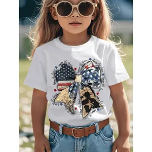 Girls American Flag Cotton T-shirt Honor The Brave Short Sleeve Top with Bow and Flag Print Stretchy Breathable Fabric Suitable for Ages 3-16 Casual Summer Outfits Playdates 250th Anniversary Gift for Kids