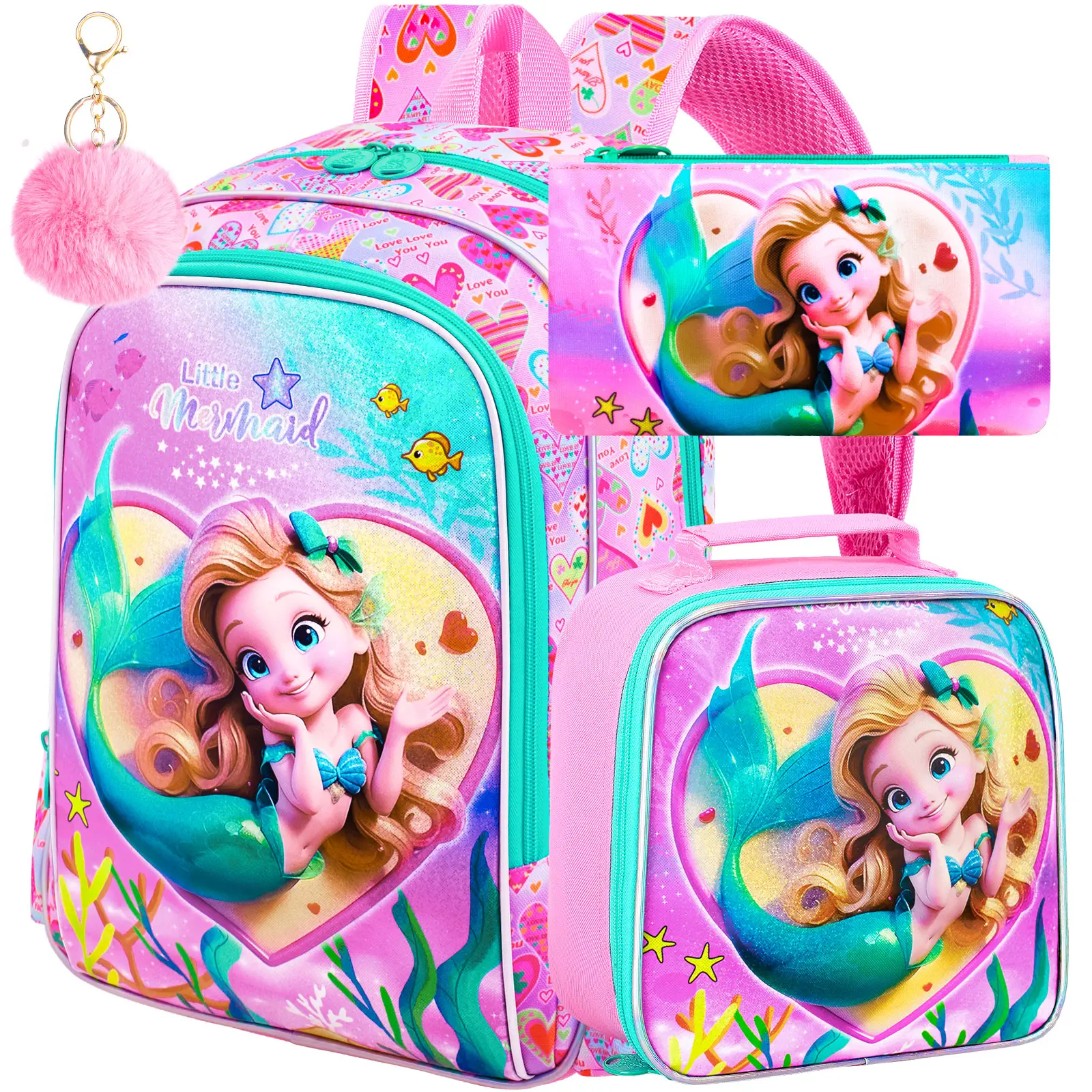 3Pcs Mermaid Backpack, 16" Kids Bookbag for Girls with Lunch Box, School Backpacks Set for Elementary Preschool Kindergarten(Pink)