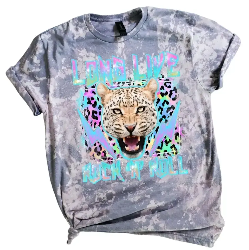 Long Live Rock N Roll Sublimation Bleached Tee Womenswear Comfortable Tshirt Crewneck