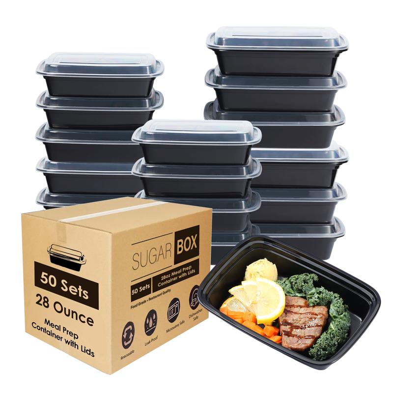 28oz 50/150pk Rectangle Black Meal Prep Containers with Lids, Party Plates, Catering Plates, Reusable, Stackable, and Microwave Safe