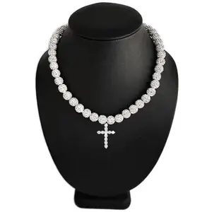 Iced Bling Disco Ball Rhinestone Crystal Beaded Baseball Drip Silver Snow Necklace + Iced Cross Pendant