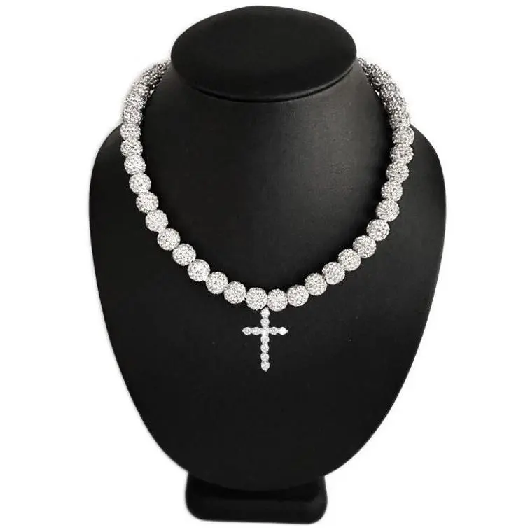 Iced Bling Disco Ball Rhinestone Crystal Beaded Baseball Drip Silver Snow Necklace + Iced Cross Pendant